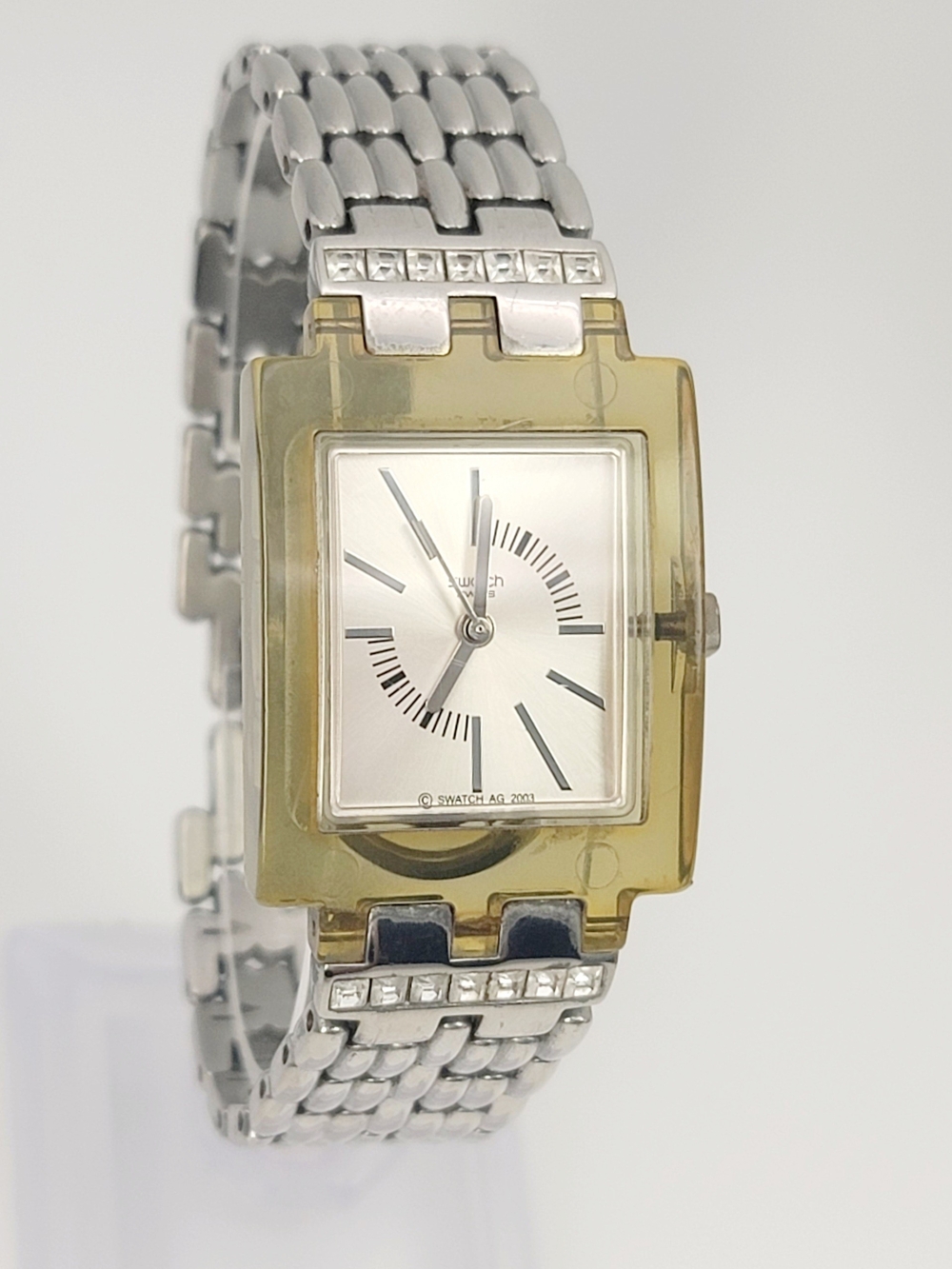 Vintage Swatch So Chic SUBM100G Square Watch Silver Dial Crystal Bracelet 2003